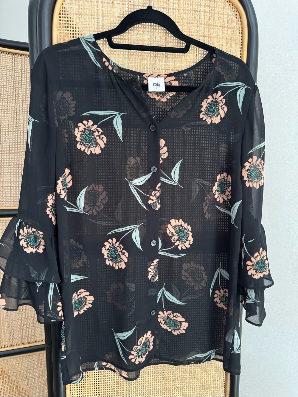 Cabi Floral Button-Front Black Sheer Blouse - Pink Floral